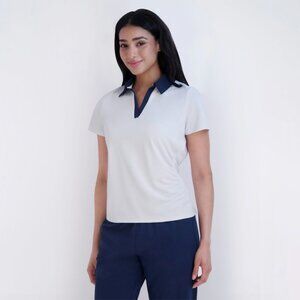 STELLA PARKER Marni Contrast Side Ruched Y-Neck Short SleeveTop SPF 50 Golf S